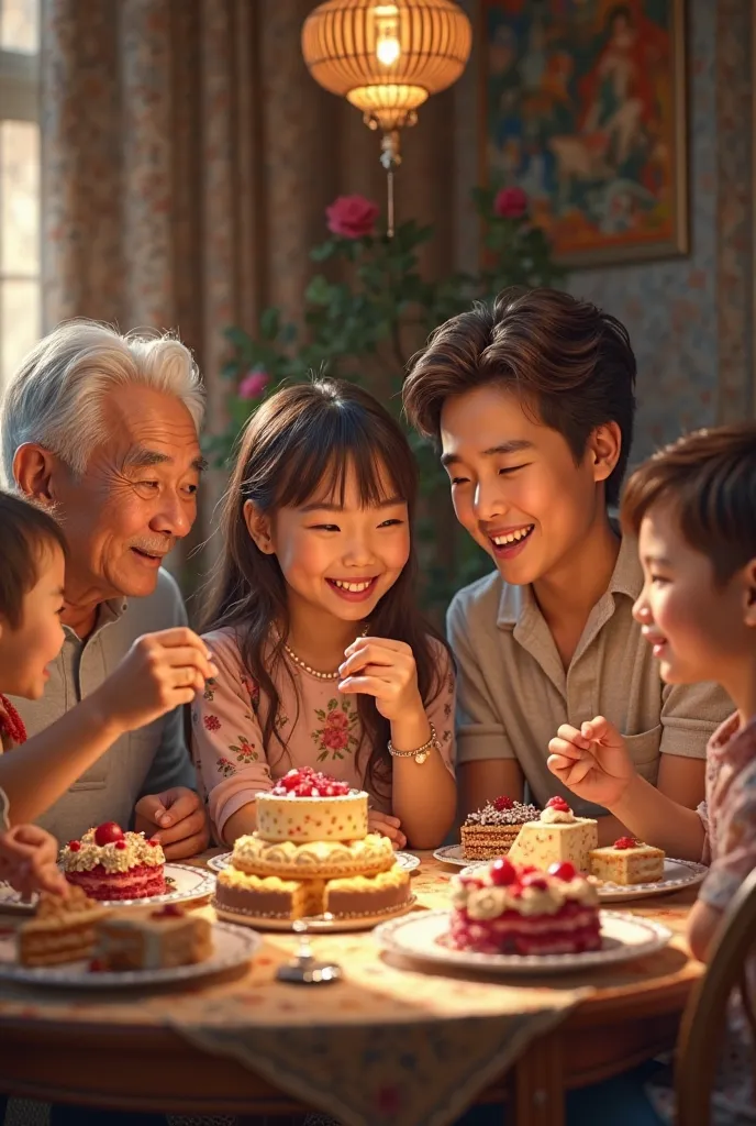 a family sitting at the table trying delicious desserts