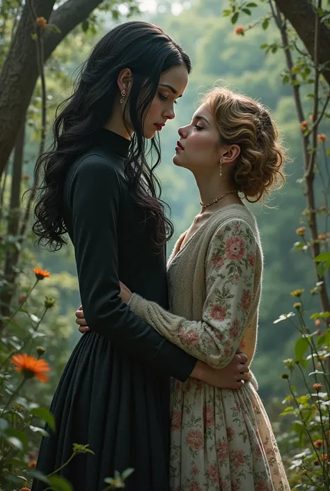 wednesday addams (jenna ortega) and her oc gf elara (normie, flower dress, cardigan, short blondybrown curls)