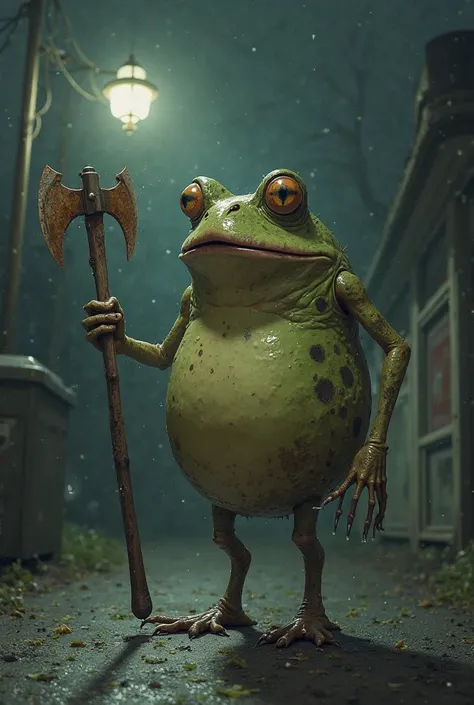 A frog with the body of an egg at a bus stop at night , with an axe in hand.