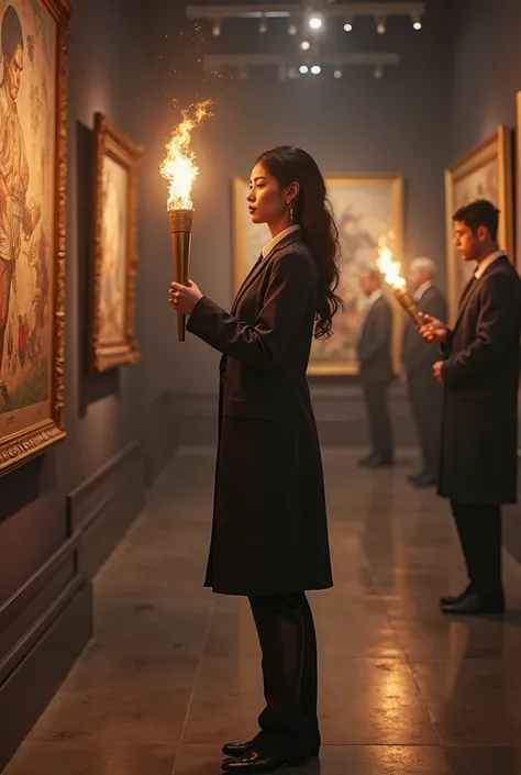 Hello, can you generate a picture for me with a gallery manager with a torch in one hand and a mouthpiece in the other
