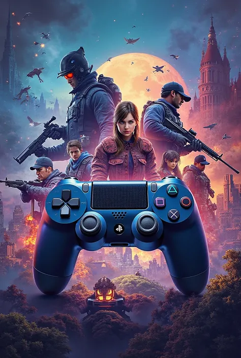 Generate an image of an advertising poster whose content is to attract people to play Playstation 4, place lots of images and re...