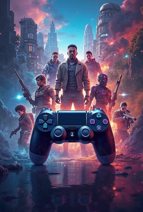 Generate an image of an advertising poster whose content is to attract people to play Playstation 4, place lots of images and re...