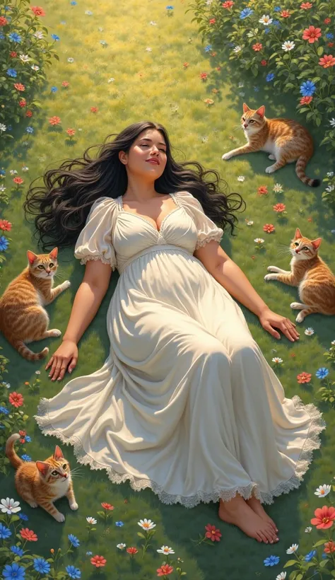 A slightly overweight 40-year-old woman , white skin with rosy cheeks, long black hair, wearing a long white dress lying on a l...