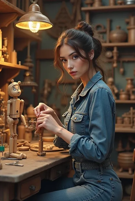 Extremely sexy woman wearing a denim jumpsuit in a toy workshop repairing her wooden puppet