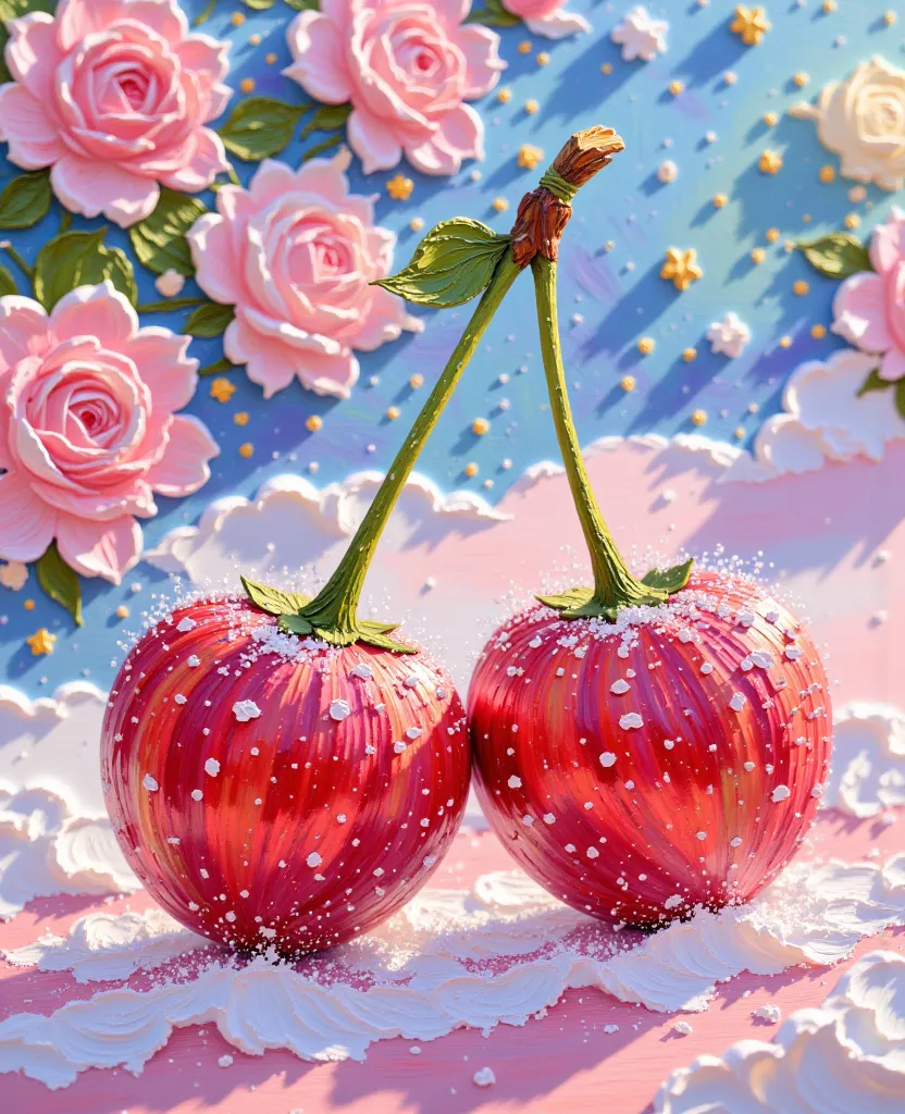 Hello Kitty(凯蒂猫)sparkly sparkly PINK frozen cherries, sparkle twinkle, sparkle twinkle, on sparkly holographic crystals, gems, 3...