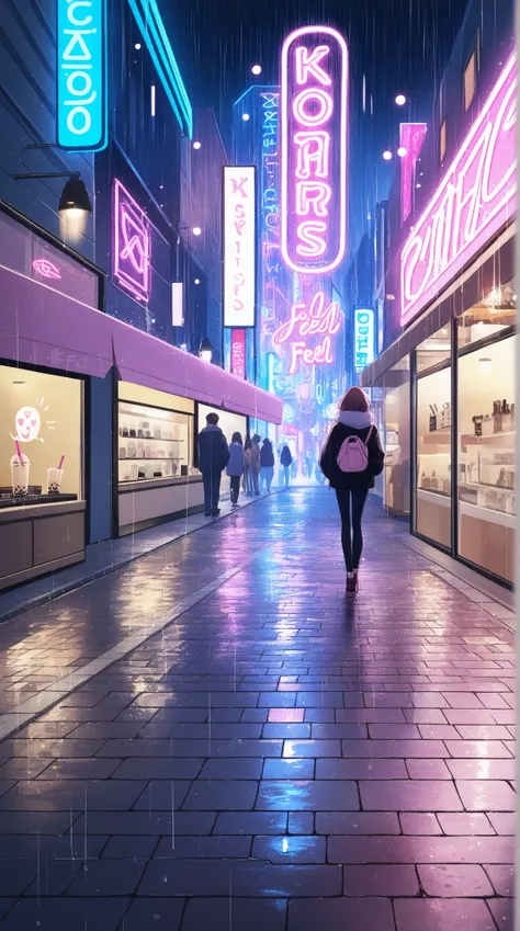 A trendy night city street with pink neon signs, glowing bubble tea shop, soft rain on pavement reflecting lights, animated K-po...