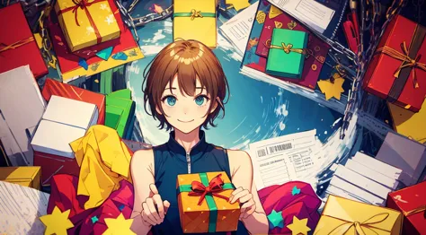Stick figure man handing over small wrapped gift with proud but shy smile
