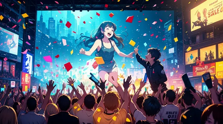 Stick figure team celebrating around screen showing 500k views, confetti falling