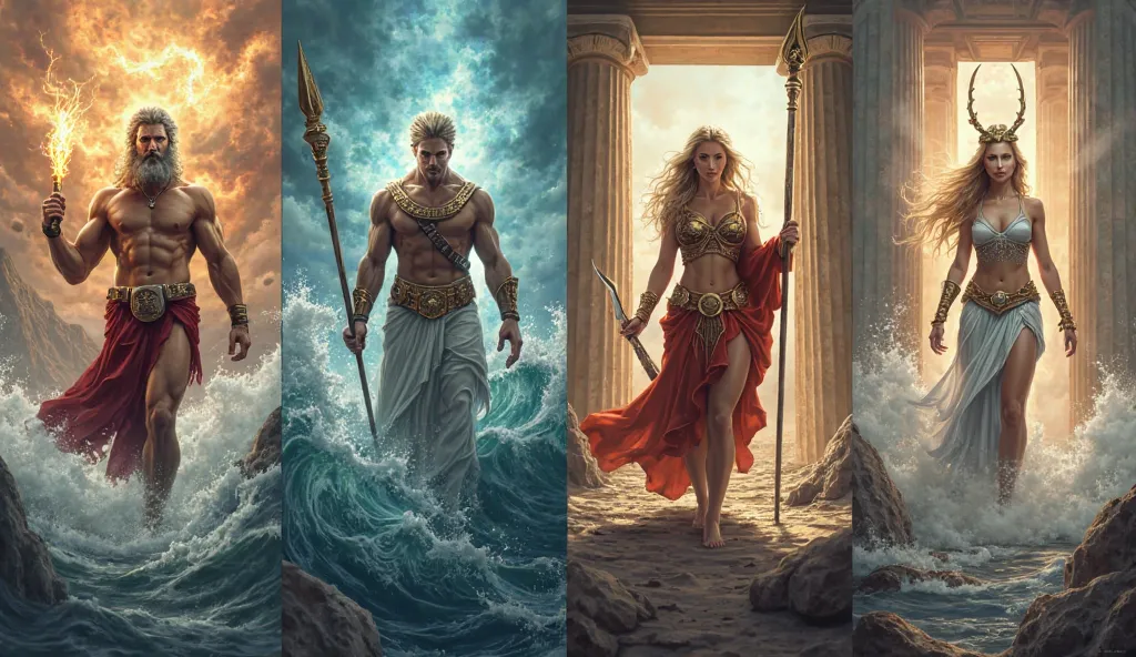 Generate for me 4 images of 4 different Greek Gods