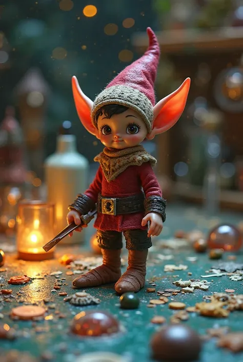 "A small elf stands in front of a table full of small designs of the case. He adds artistic touches of color to the resin before...