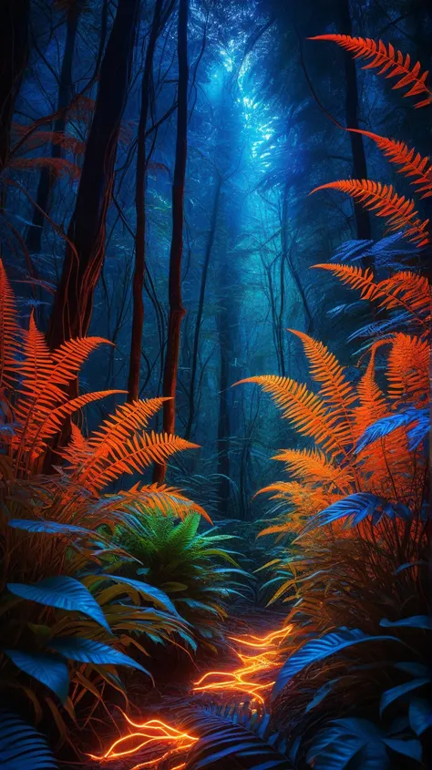 A blazing electric thicket glows in a radiant jungle, shimmering blue ferns hum, electric orange sparks flare, hyper-detailed, c...