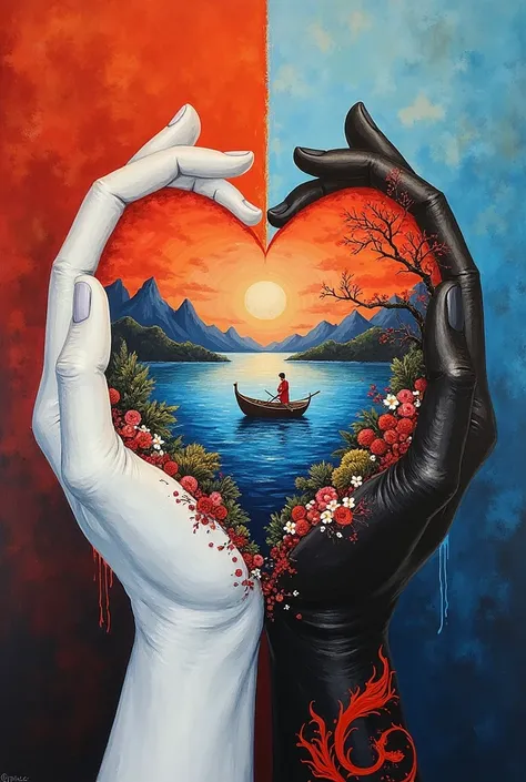Painting for this work.Two hands (white and black) making a heart shape.
The right hand has the color of the Chinese red dragon ...