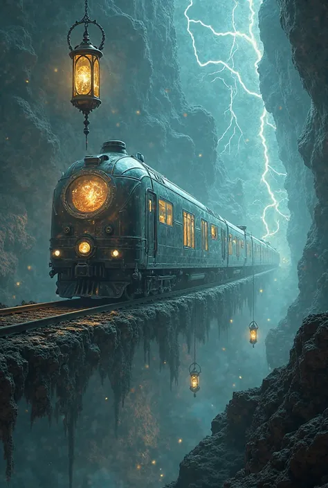 "An interdimensional train with each compartment representing a cursed universe, surrounded by magical portals, futuristic mirro...