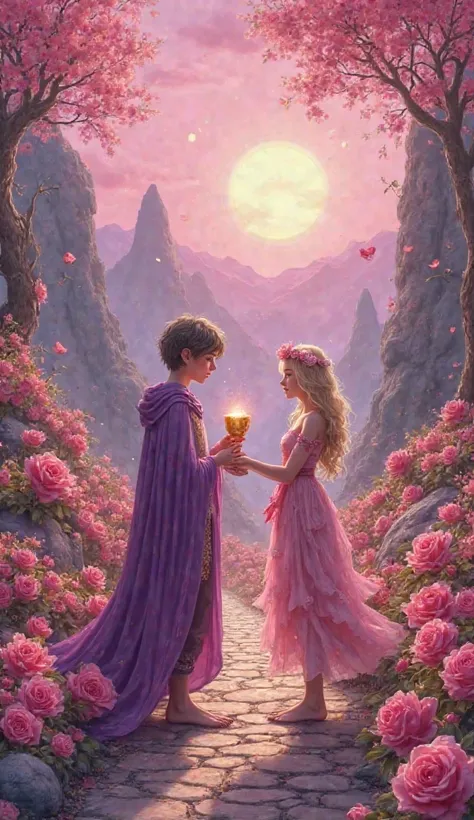 The map is made in fantasy style
The centerpiece is a magical pink rose garden.
On a narrow path there is a boy of with sho...