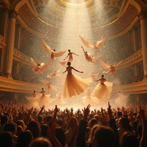 A grand finale performance — puppets flying through confetti, spinning through light beams, audience clapping wildly in a golden...