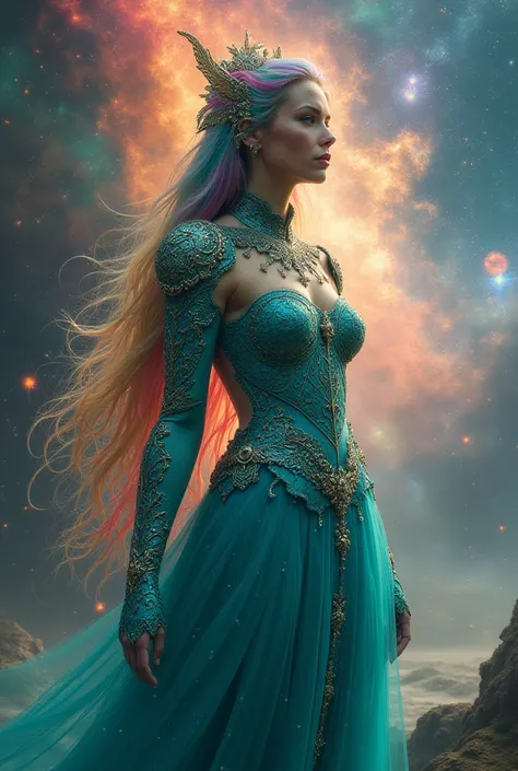  woman wearing rainbow-colored hair and detailed turquoise dress armor, standing, rainbow-colored space nebula background , star...