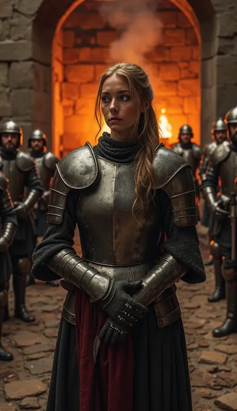 Joan standing before a fire-lit forge, wearing partial medieval armor for the first time, blacksmiths and knights in the backgro...