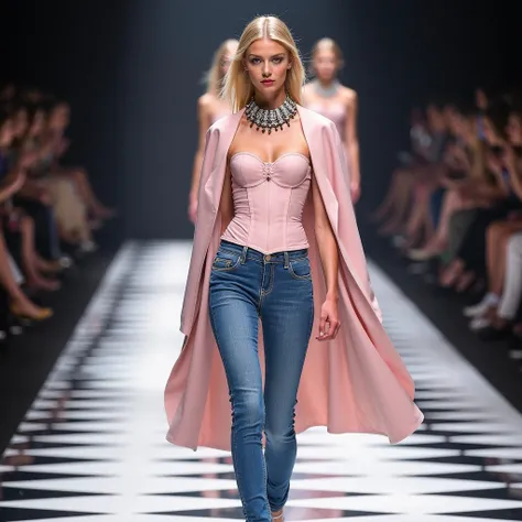 A blonde model walks the runway in a soft pink ensemble consisting of a structured corset and fitted blue denim pants. The outfi...