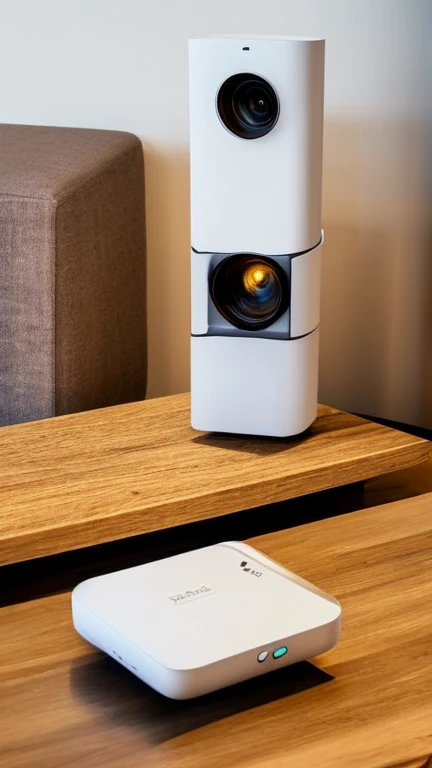A stylish and modern mini projector, inspired by the Magcubic HY300, sitting on a minimalist wooden table in a cozy living room ...
