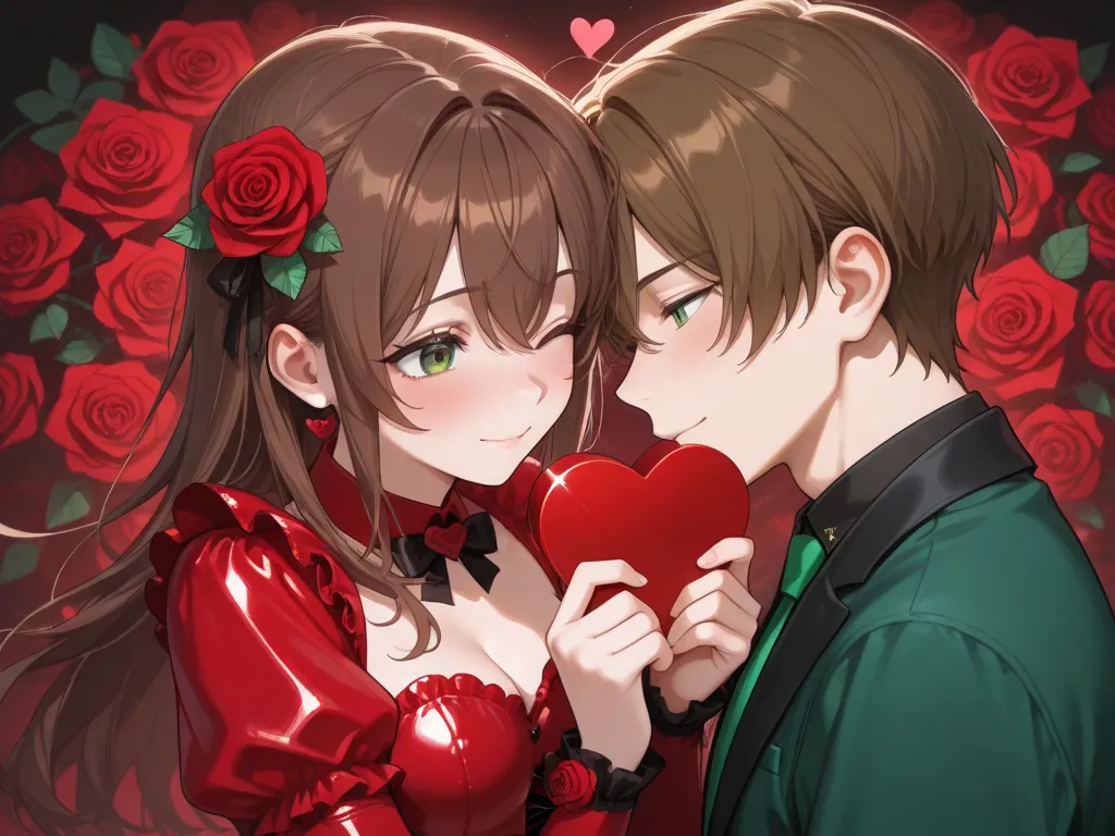 Brown hair, green eyes, holding heart shaped chocolates, attractive, red rose themed suit, rose leaves falling around, Roses and...