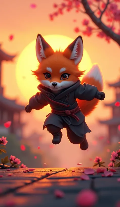 "A baby ninja fox running across rooftops at sunset with Japanese background and cherry trees"