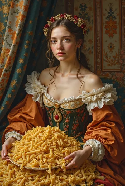 Renaissance painting: a woman with a lot of pasta