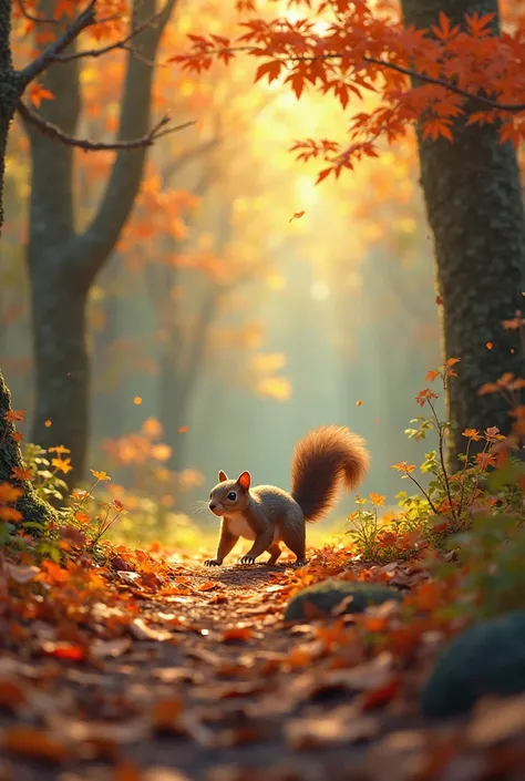 Forest losing its color with a small squirrel 