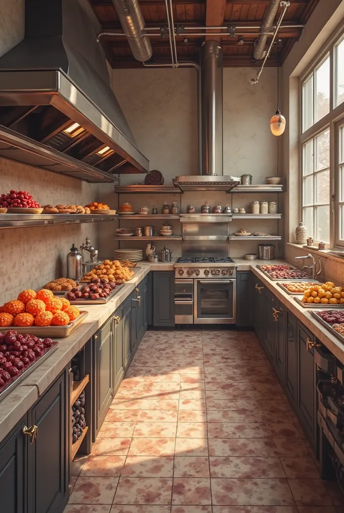 I need an image of a pastry kitchen where there are all the parts of the pastry to make candy like an image without people witho...