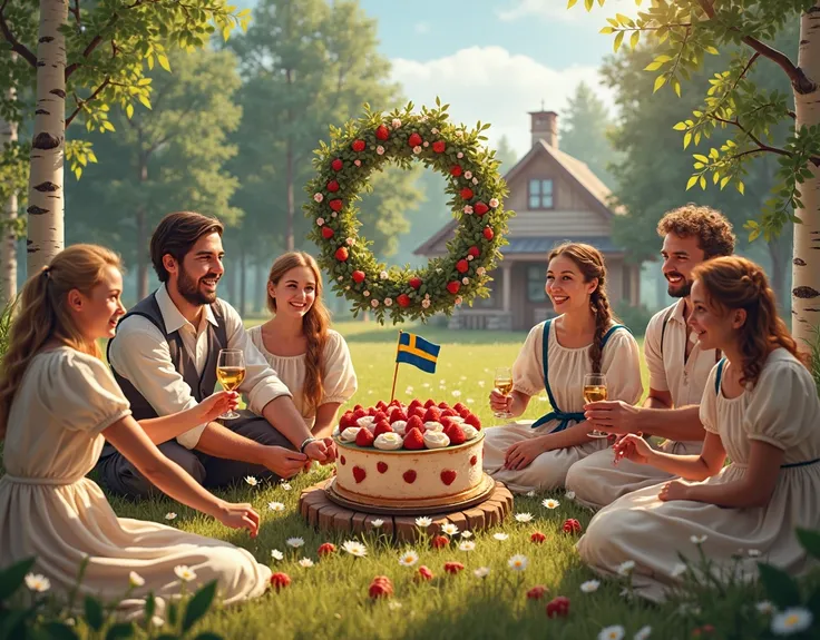 swedish WITH WREATH at midsummer feast with strawberry cake with cute swedish flag on cake ,