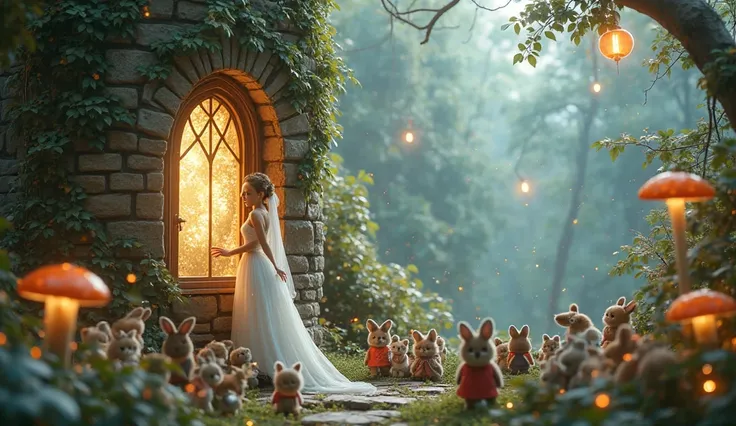A magical fairy world scene: A graceful fairy wearing a white royal frock stands near the window of a tall castle tower. The tow...
