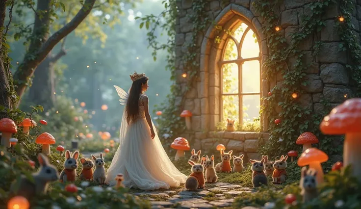 A magical fairy world scene: A graceful fairy wearing a white royal frock stands near the window of a tall castle tower. The tow...