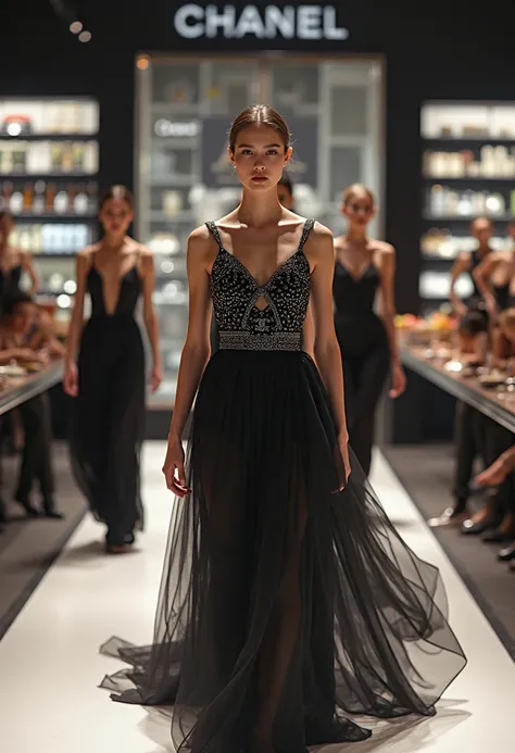 Models walking through a luxury supermarket runway set, showcasing haute couture pieces, elegant grocery-inspired movements, sur...