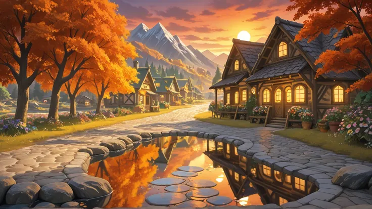 a small village by the river, mountains in the background, hyrule camps floral, link warrior, floral flowers colorful, detailed ...