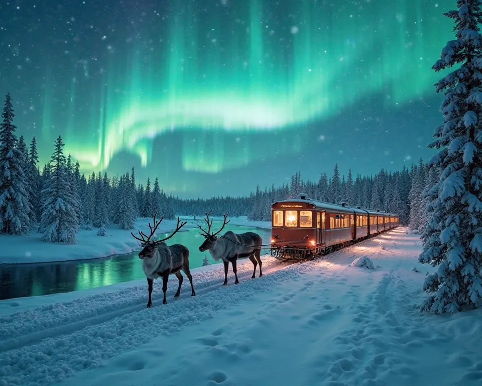 `Northern lights glowing over snowy Nordic landscape, reindeer pulling vintage sleigh-train hybrid, aurora reflections on frozen...