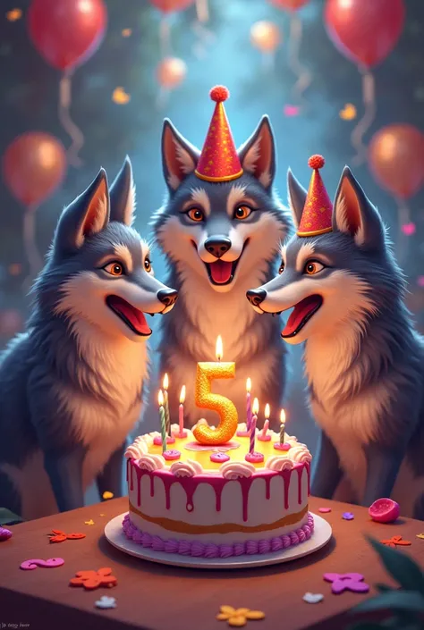 Desst3, happy colors with a birthday cake, wolves with birthday hats, finished, 5th anniversary number on twitch