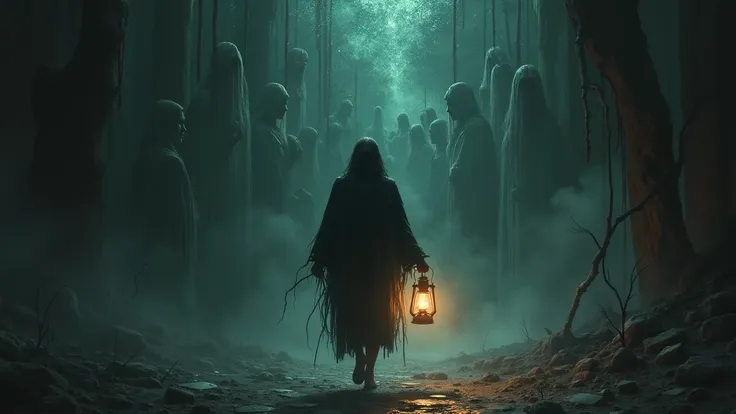 A person holding a lantern of light in a decaying astral realm, facing a wall of mirrors that reflect only their fears.