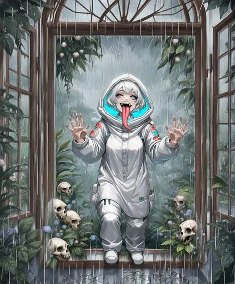((full body)) ((neon window glass))((broken glass)) ((She Looks through the window)) ((Outside the window is a big skull)) ((sku...