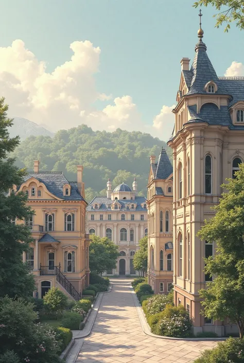 I want an image of houses and buildings that are sophisticated and elegant, book cover style
