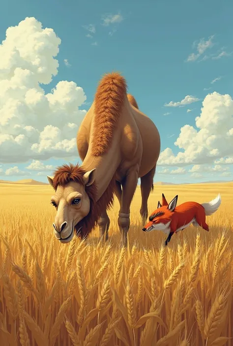 The Camel in the middle of a barley field eating and the fox screaming at him