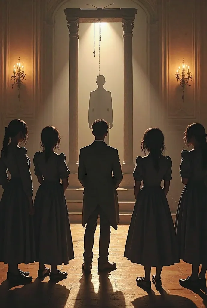 A scene where 5 pretty, long-legged, and big-breasted female students are watching a black boy soon being executed at the guillo...