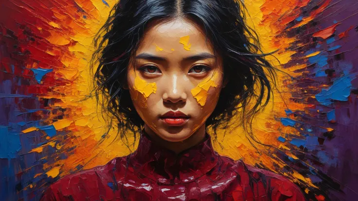 Painting in the Post-Impressionist style, using dark u colors, hot and dramatic colors (crimson, burnt orange, Bright Yellow, b...