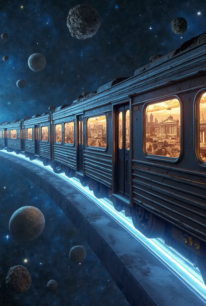"A time-traveling train on a glowing track suspended in space, riding past planets and asteroid belts. Each window of the train ...