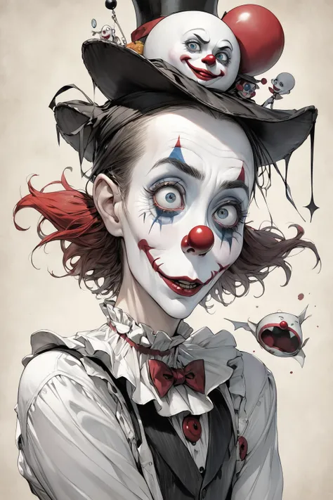 Norman Rockwell style、Tim Burton style、anatomically accurate clowns、Minimalistic Designs