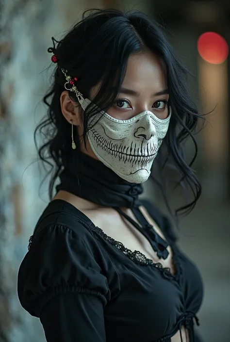 beautiful girl cosplayer dressed as "tokyo ghoul", mask, close-up, dynamic pose, short skirt, very detailed photo professional