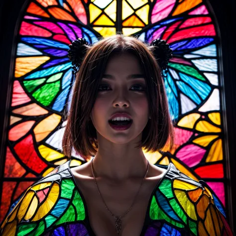 and complicates the mystical aesthetic {x} Vivid stained glass artwork drawn on a scale, teeth、red, Purple, Yellow. 遠くを見つめるドラゴンの...