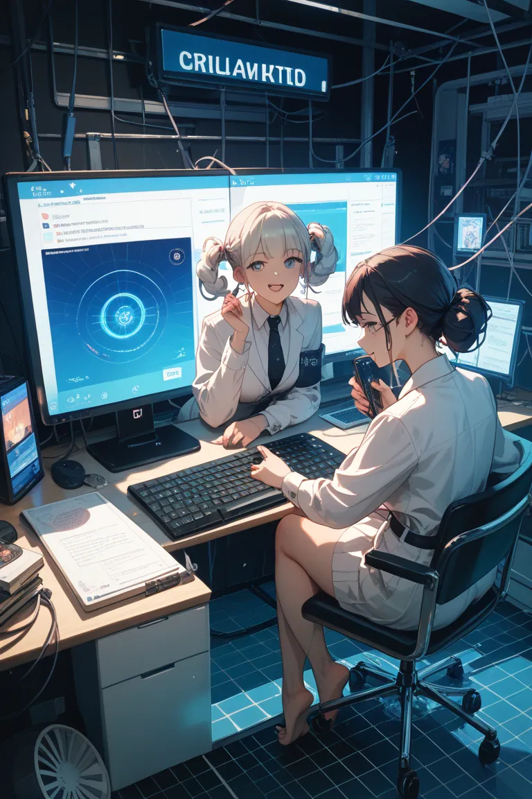 black room、a large computer、Before that, a circular pool、white pantsuit、 Three Women、Electric Wires on Her Head 、connected to a ...