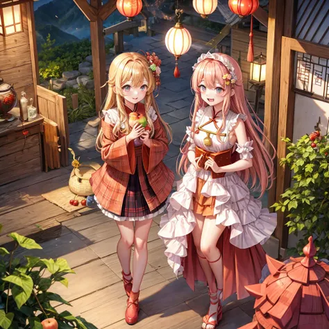 pink red red brown blonde、 eye、 Has hair tied 、Cute couple、 plaid miniskirt、China、China、 teeth inside、 Mountain々、Becomin...