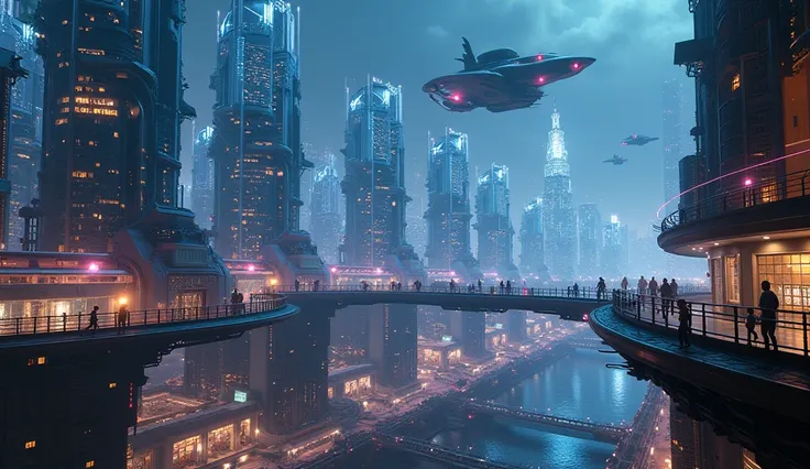 futuristic night cityscape in progress: "A futuristic and expansive city, illuminated by neon lights and holograms, with elegant...