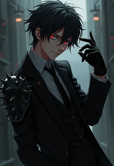 Anime, 26 year old man, black messy hair, black suit black tie, red eyes, mischievous grin, side view, black latex gloves, spike...