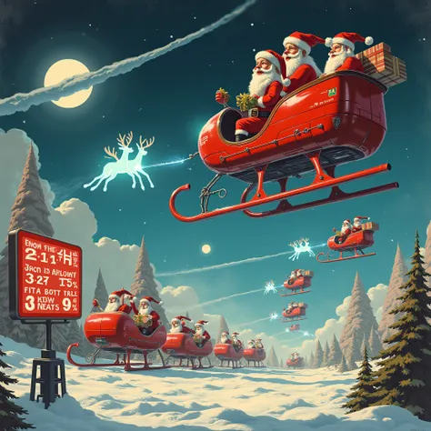 A retro-futuristic Christmas scene set in a sci-fi version of Earth. A fleet of high-tech sleigh-shaped vehicles hover over a gl...